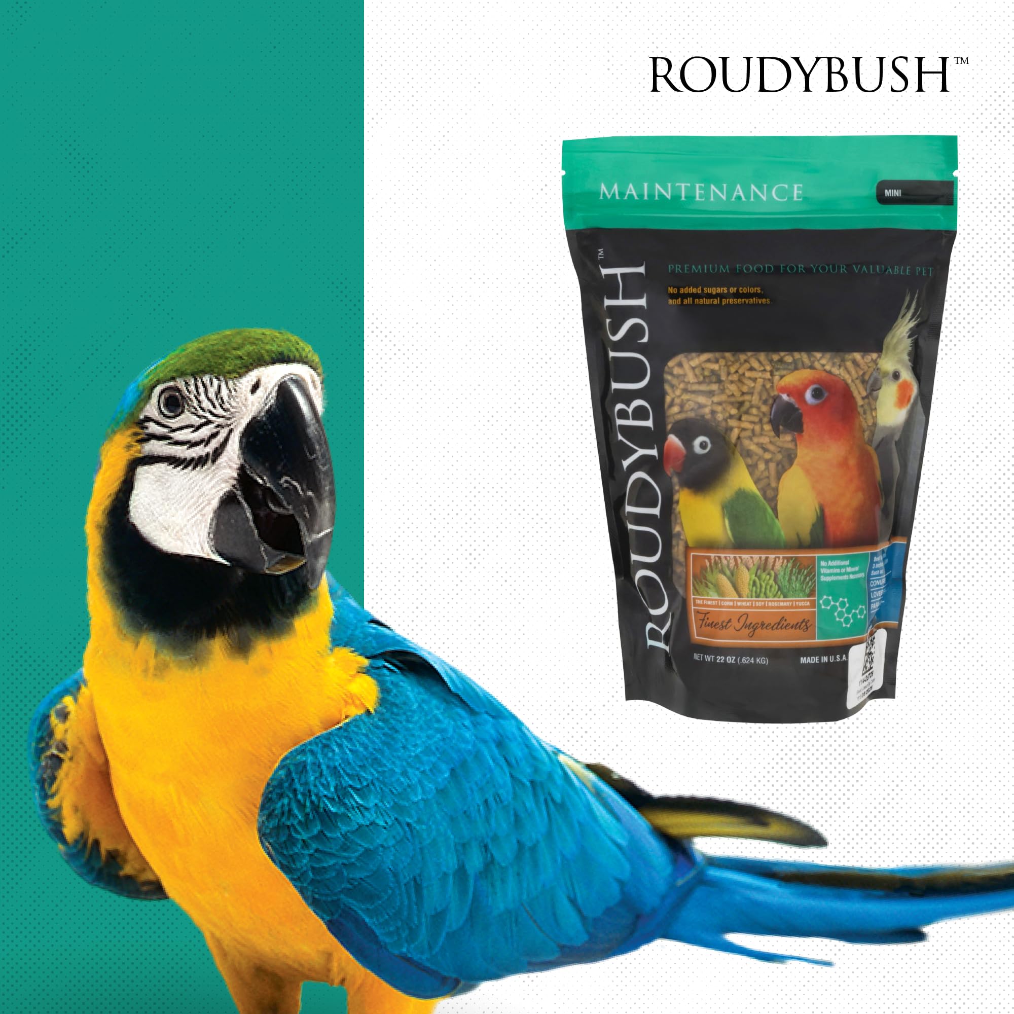 RoudyBush fórmula con Omega-3 y Omega-6 para plumaje vibrante