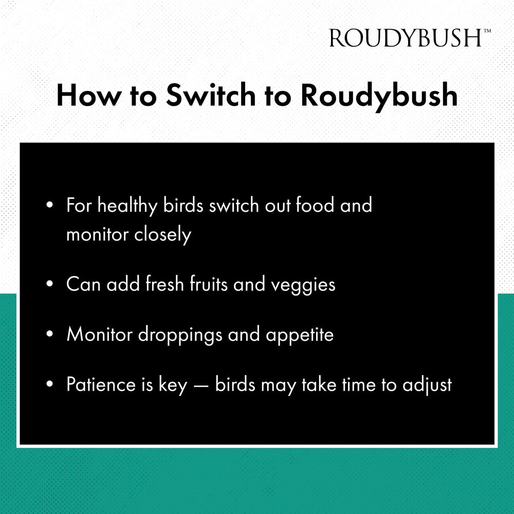 RoudyBush dieta diaria para aves medianas, tamaño de pellet adecuado.