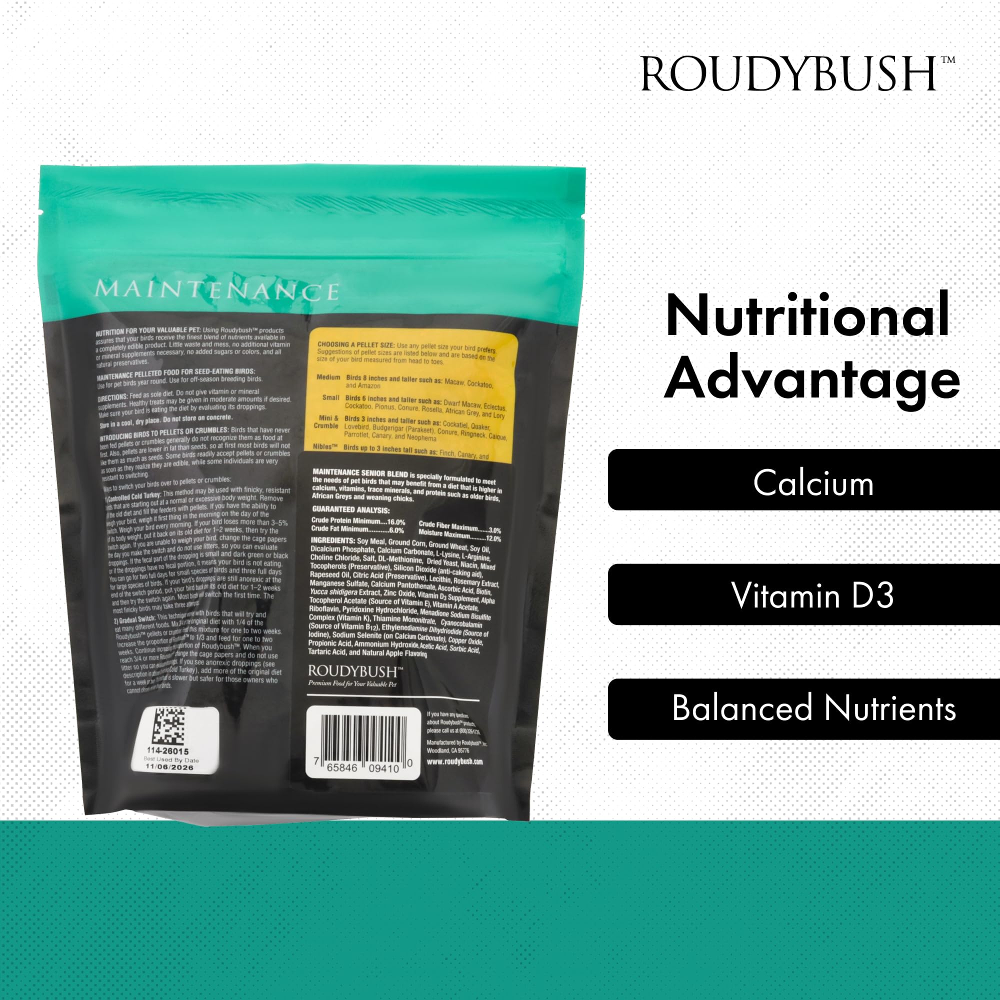 RoudyBush Dieta Senior, gránulos en jaula para alimentación constante.