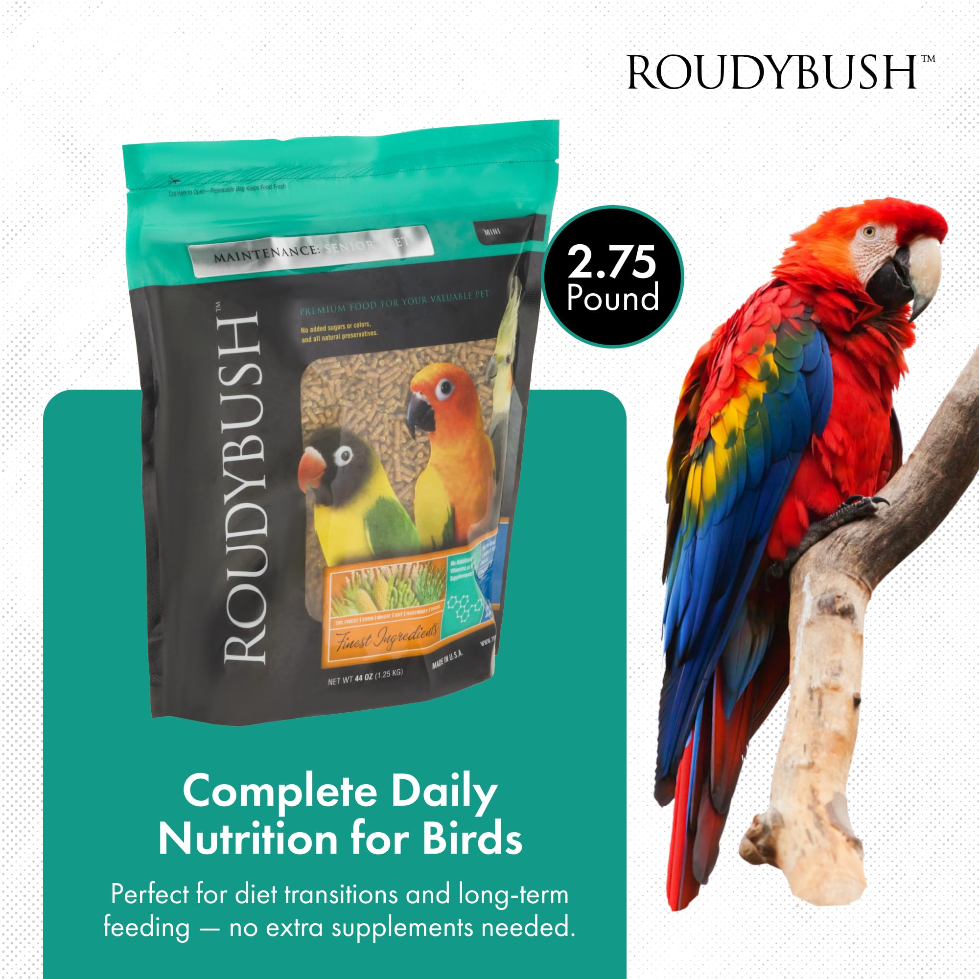 RoudyBush Dieta Senior para aves, gránulos con soja y vitaminas para adultos.