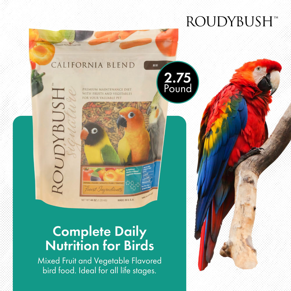 Roudybush con frutas secas y verduras, sabor natural para aves.
