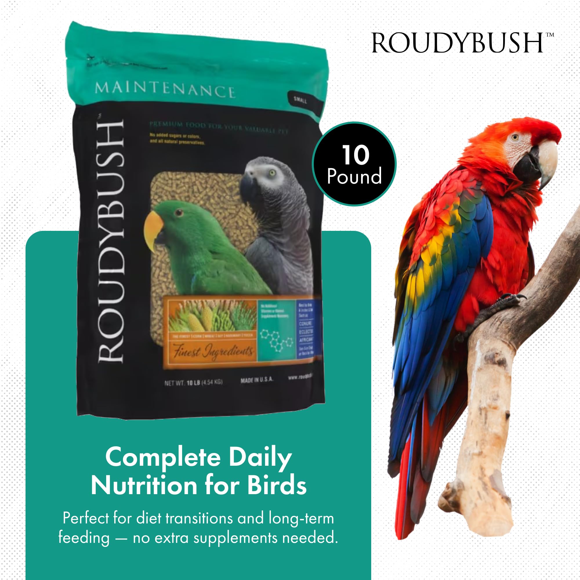 Roudybush granulos para aves pequeñas con textura consistente para consumo diario.