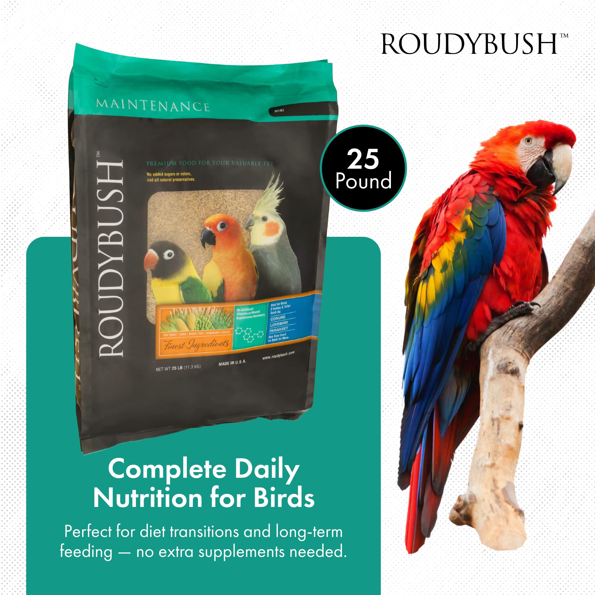 RoudyBush pellets mini para aves pequeñas, nutrición completa en cada comida.