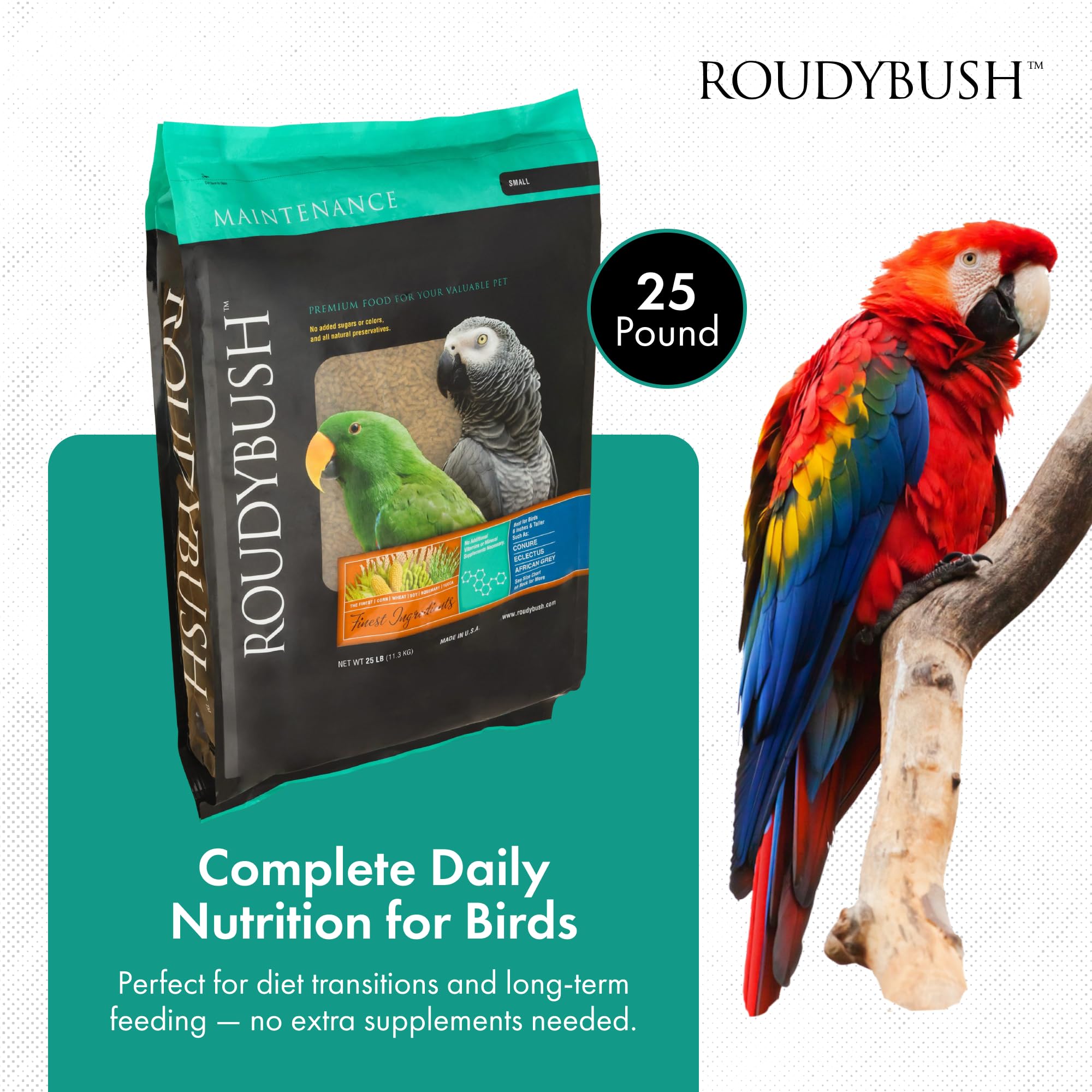 RoudyBush pellets pequeños, nutrición equilibrada para aves día a día.