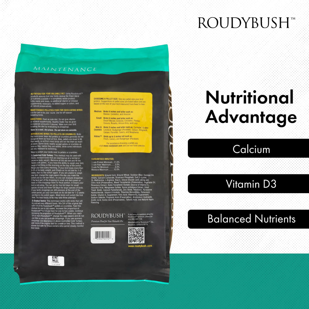 RoudyBush plumaje vibrante, pellets como fuente diaria de nutrición.