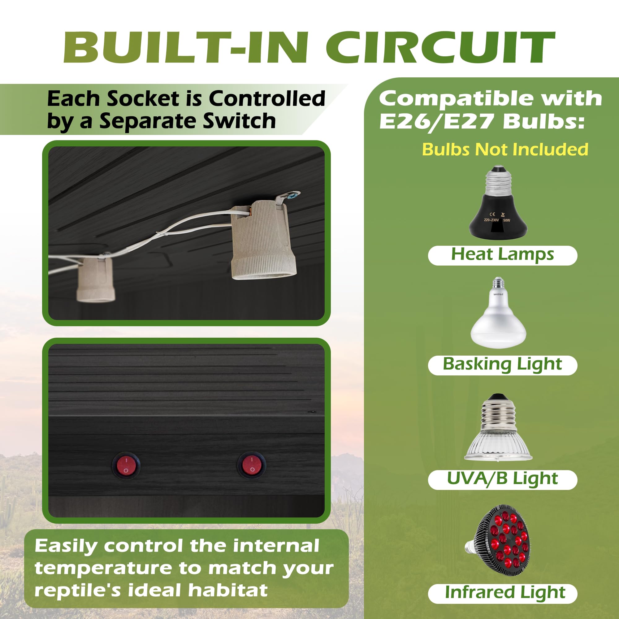 Royxen lamp holders image demonstrates independent lighting for customizable reptile warmth.
