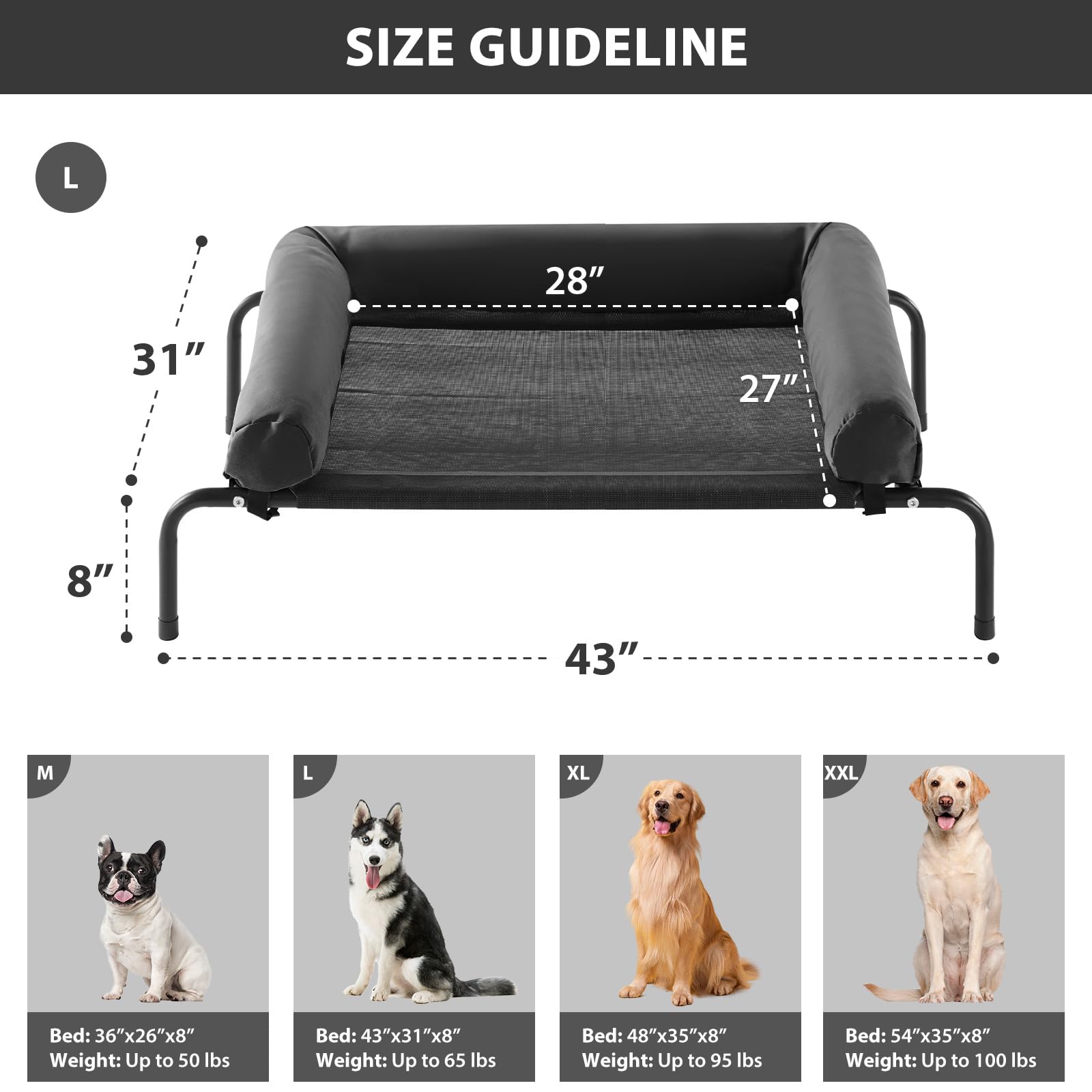 RRPETHOME cama elevada para perro grande en exterior, descanso cómodo en jardín.