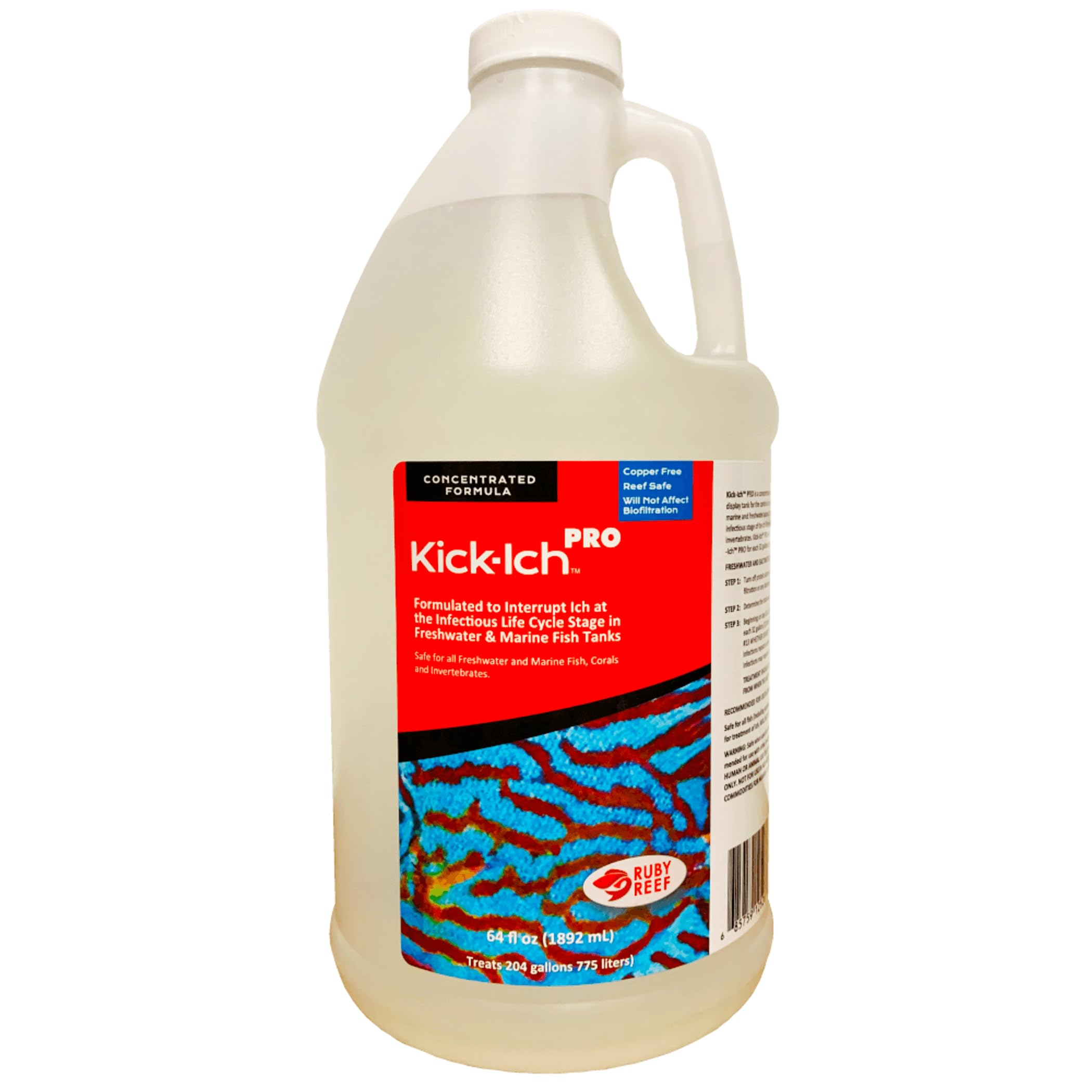 Ruby Reef Kick-ICH Pro, visual de empaque, producto confiable para cuidados del acuario.