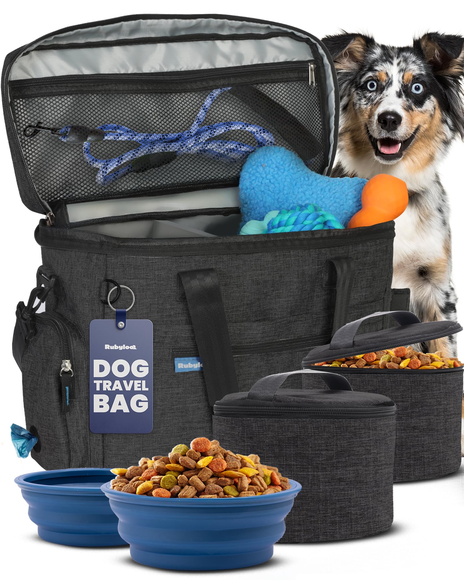 La bolsa Rubyloo para perros compacta mantiene todo organizado durante el viaje.