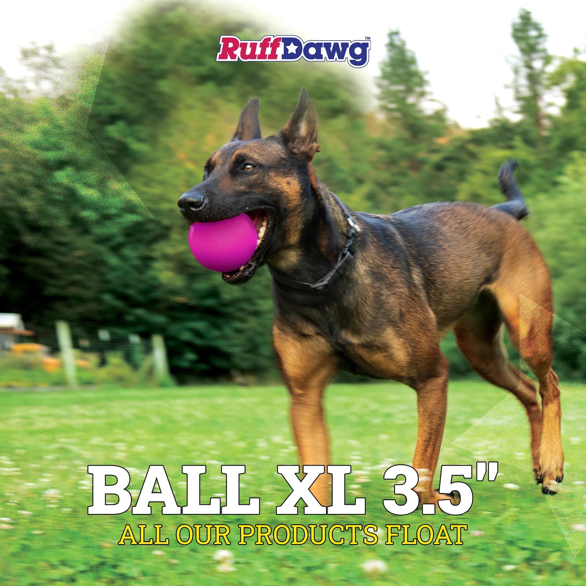 Ruff Dawg Ball XL en naranja neón, visible en jardines y charcos.