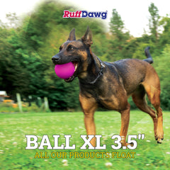 Ruff Dawg Ball XL en naranja neón, visible en jardines y charcos.