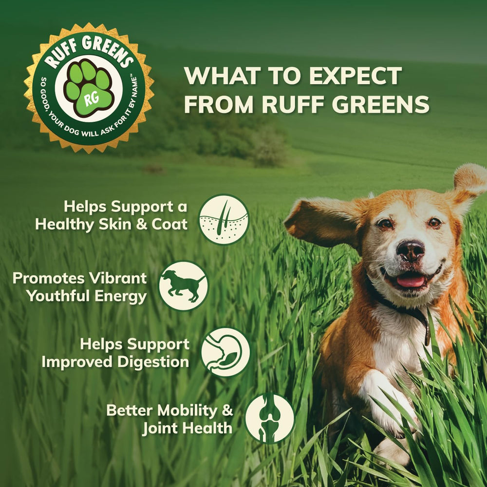 Ruff Greens, vitaminas y minerales que respaldan la vitalidad de tu perro.