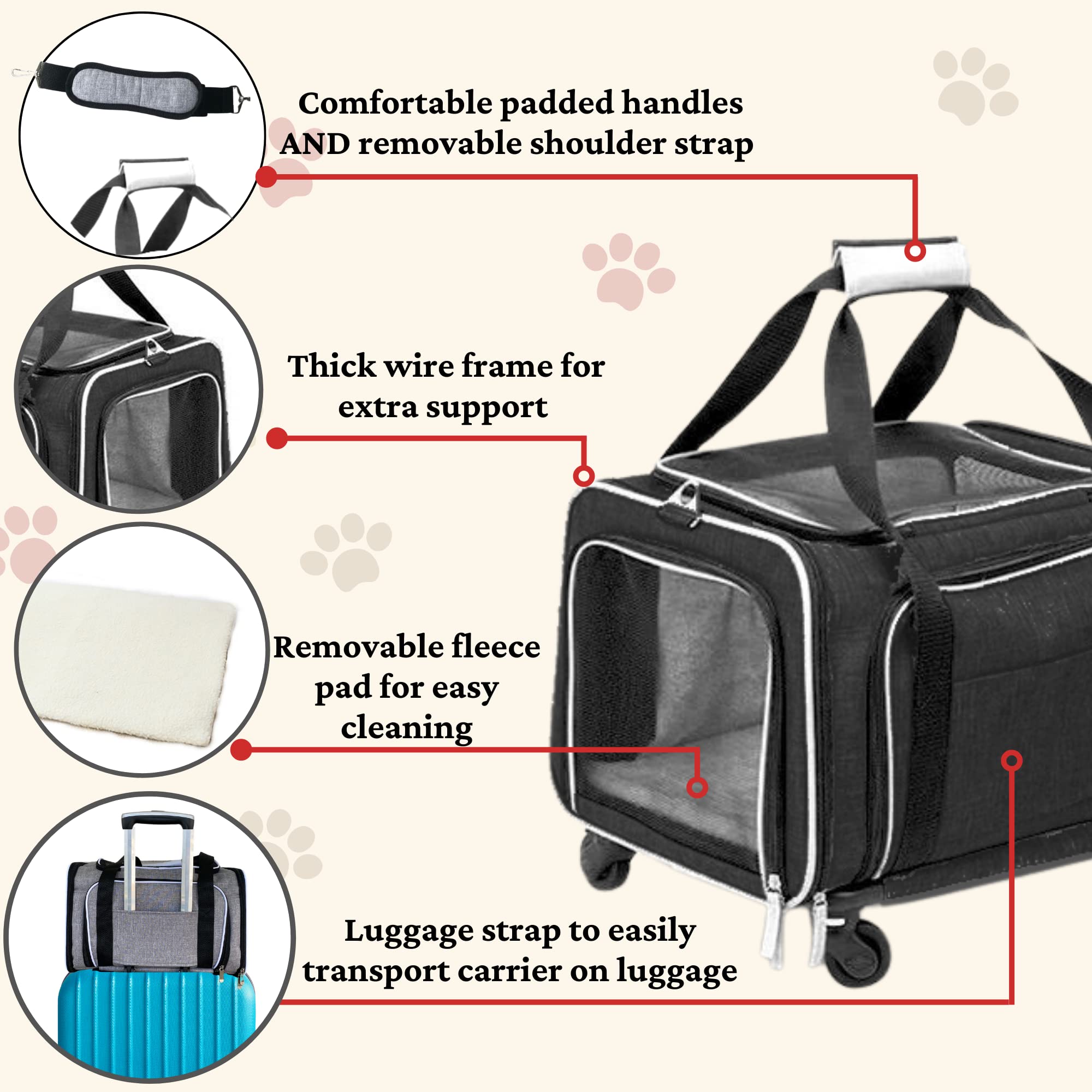 RUFF LIFE 101 transportín expandible con ruedas, vista lateral, espacio cómodo para mascotas.