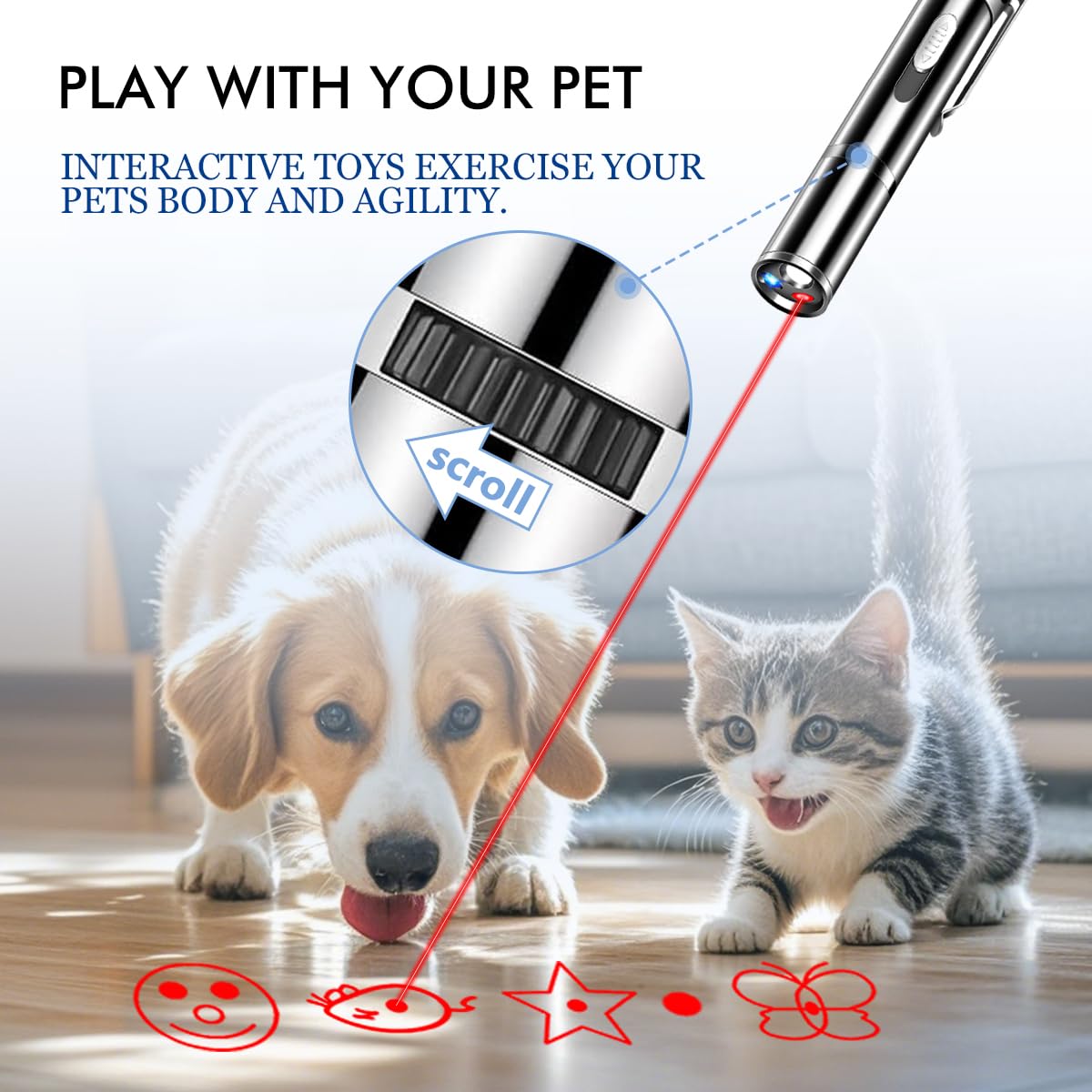 Rumcut láser para gatos, diseño portátil en aluminio, ideal para juego en casa.