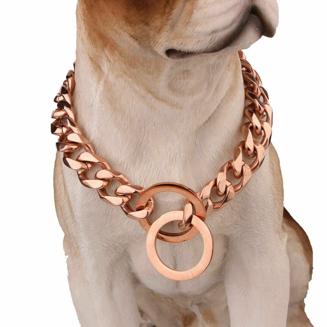 RUMYPET collar cadena oro rosa 19mm, 16 pulgadas, ideal para perros medianos y grandes.