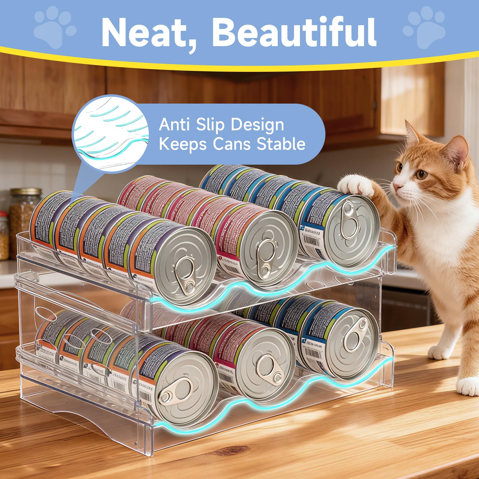 Rvelidode organizador de latas para gatos, diseño apilable y ergonómico.