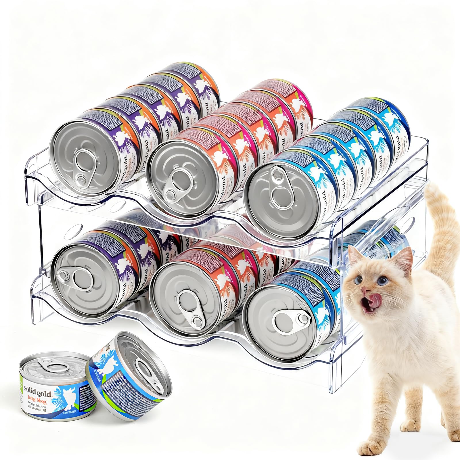 Rvelidode organizador de latas para gatos con claridad que facilita ver el contenido.