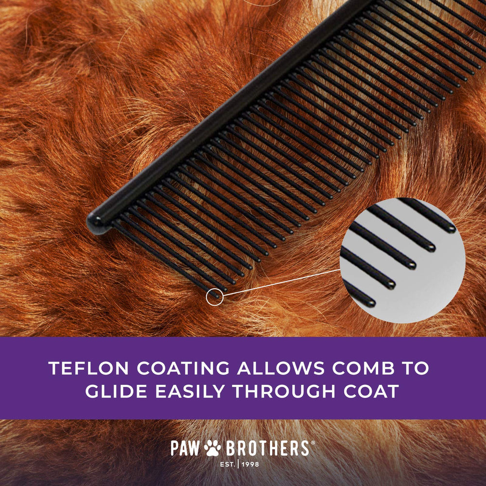 Peine teflón con mango ergonómico para grooming cómodo de mascotas.
