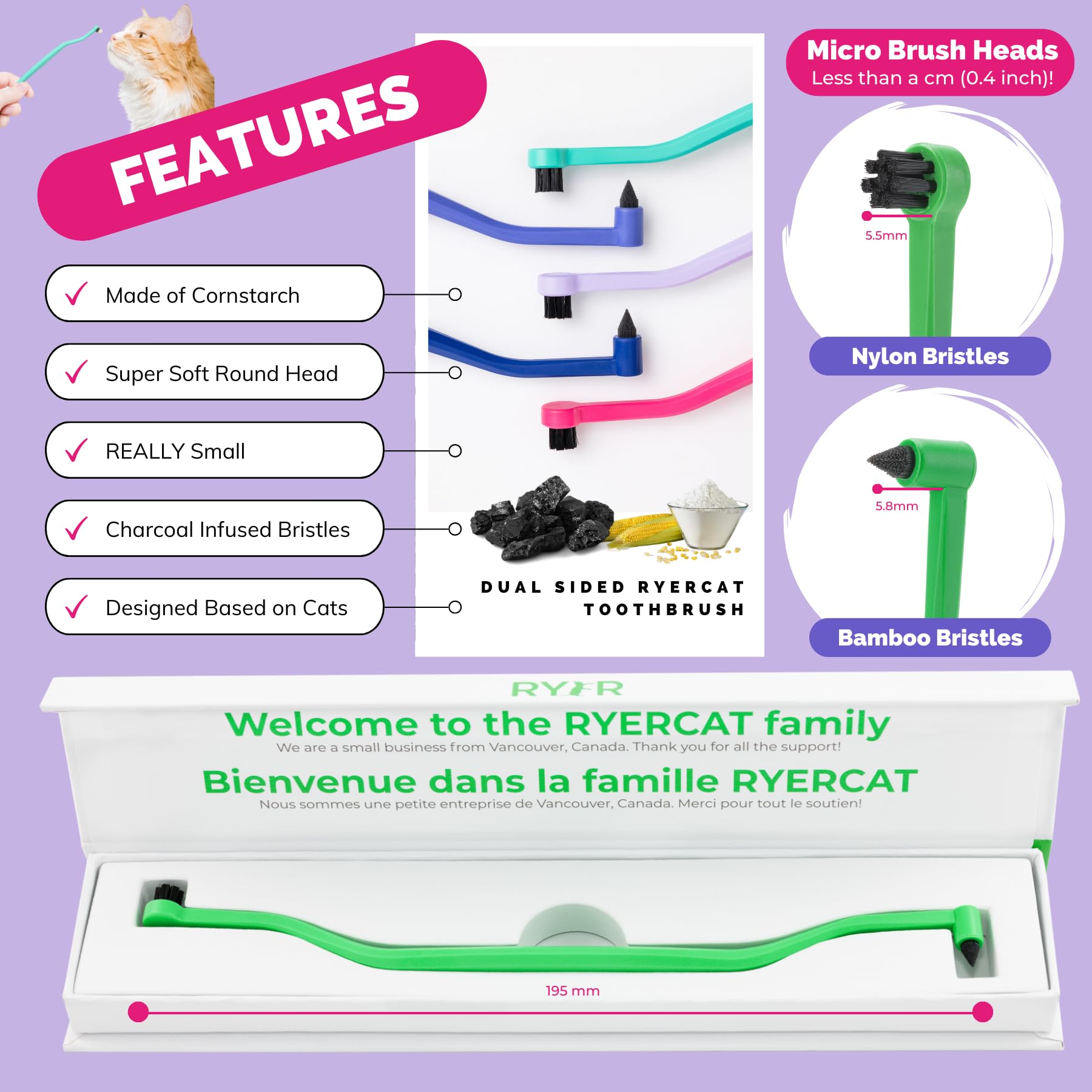 RYERCAT cepillo dental para gatos, diseño biodegradable y respetuoso con el medio ambiente.