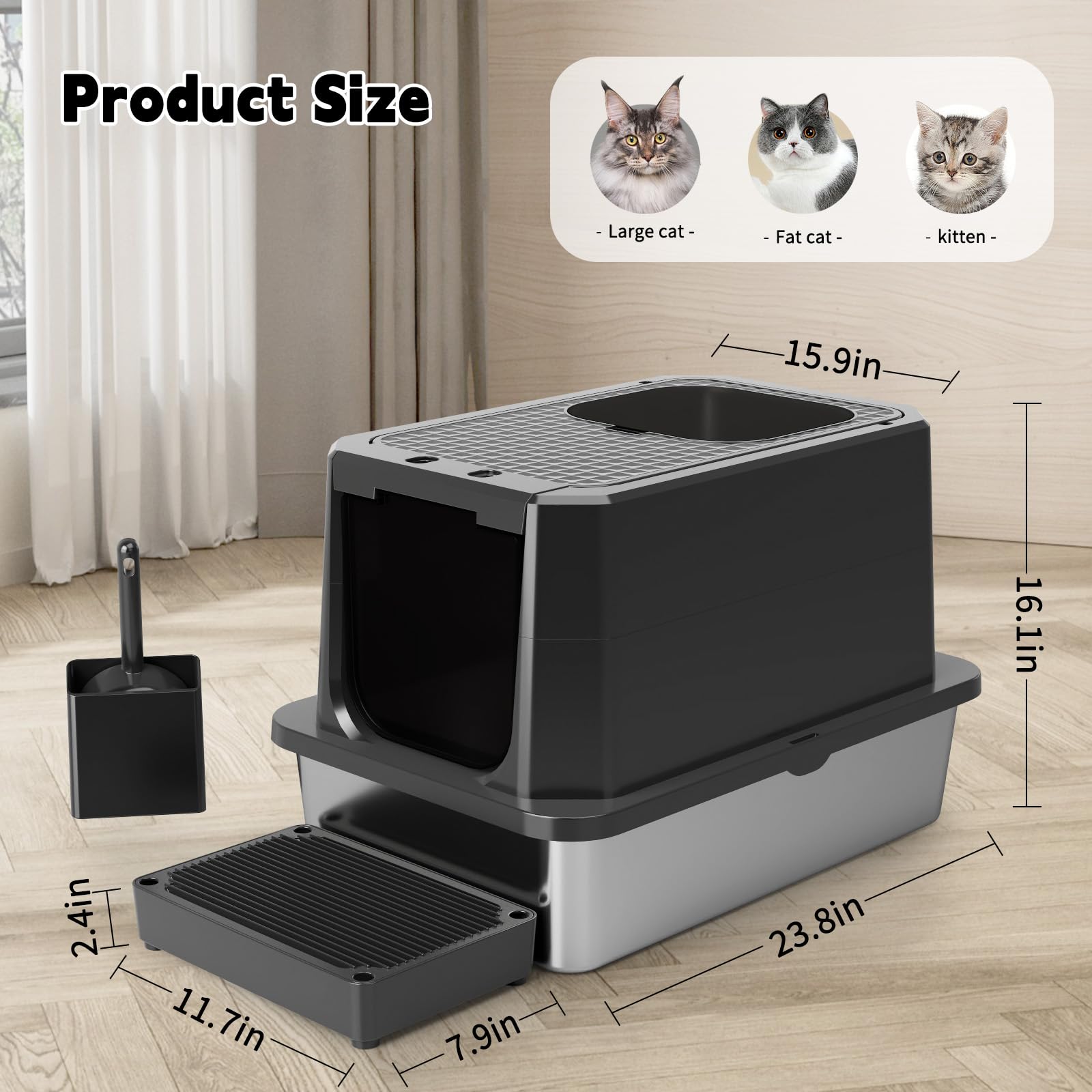 RZPET caja de arena con doble entrada, frontal y superior, facilita el acceso del gato.
