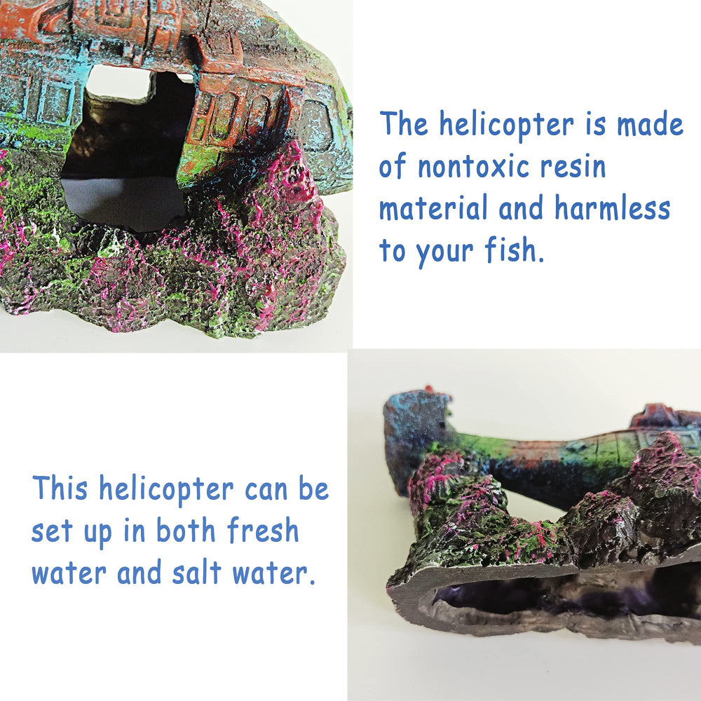 Paisaje submarino con helicóptero-ruinas, decoración para acuario de estilo realista.