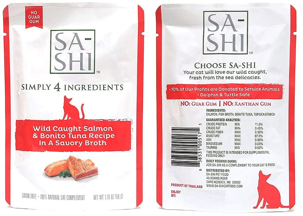 Sa-Shi bolsitas húmedas para gato sin granos con atún y salmón, aptas para dietas sensibles.