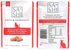 Sa-Shi bolsitas húmedas para gato sin granos con atún y salmón, aptas para dietas sensibles.