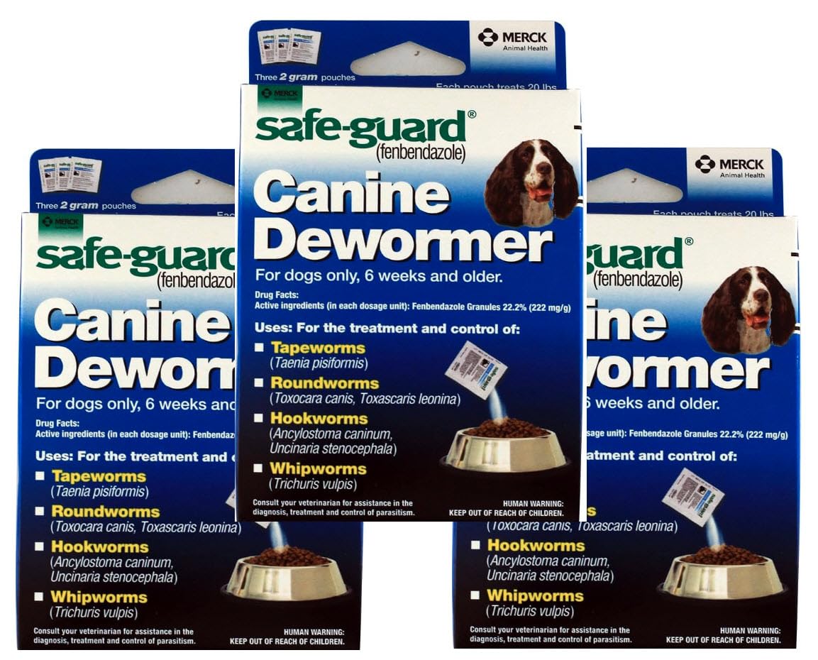 Safe-Guard desparasitante canino, envase; granulado fácil de mezclar en la comida.