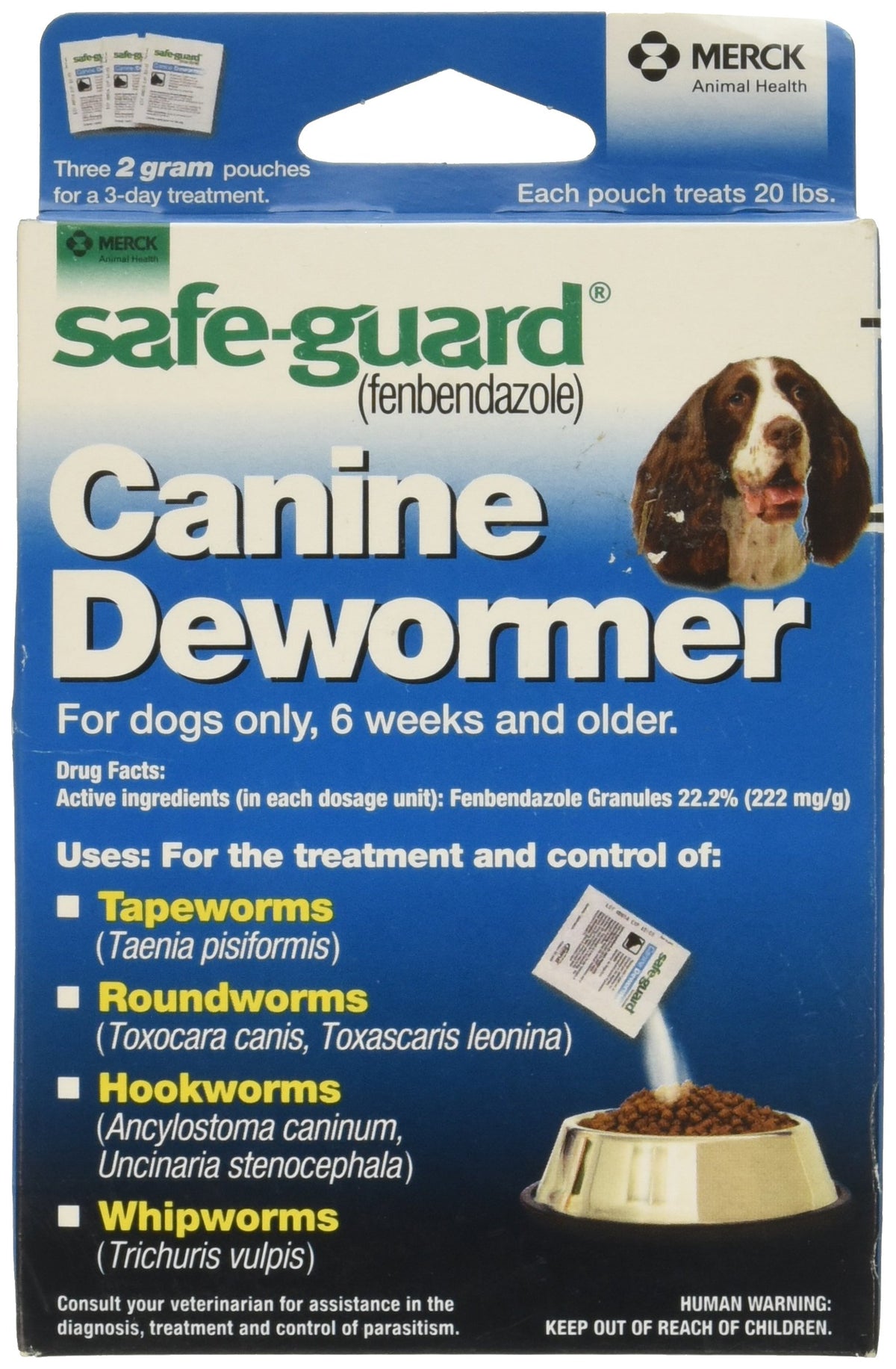 SAFE-GUARD desparasitante para perros en bolsa de 2 g para dosis diarias.