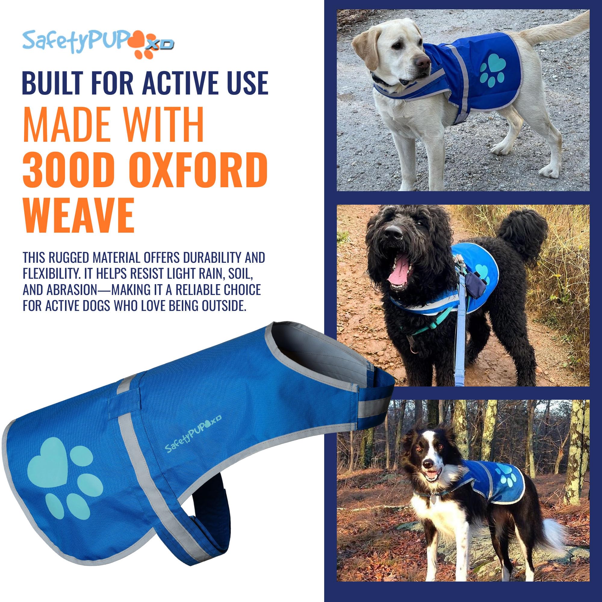 SafetyPUP XD material Oxford 300D resistente, chaleco duradero ante diversas condiciones