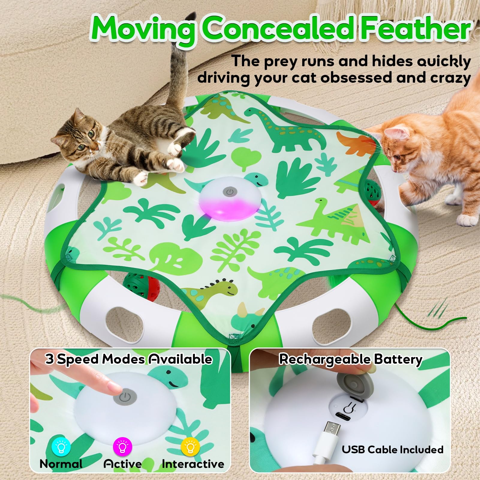 Salodal juguete para gatos con tres modos de velocidad para distintos niveles de energía.