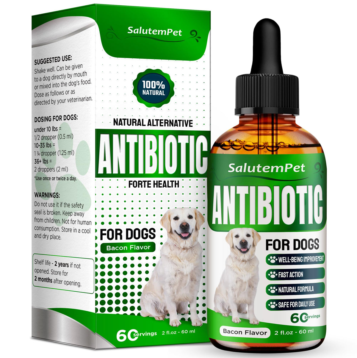 SalutemPet Antibiotico natural para perros con sabor a tocino en frasco de 2 oz