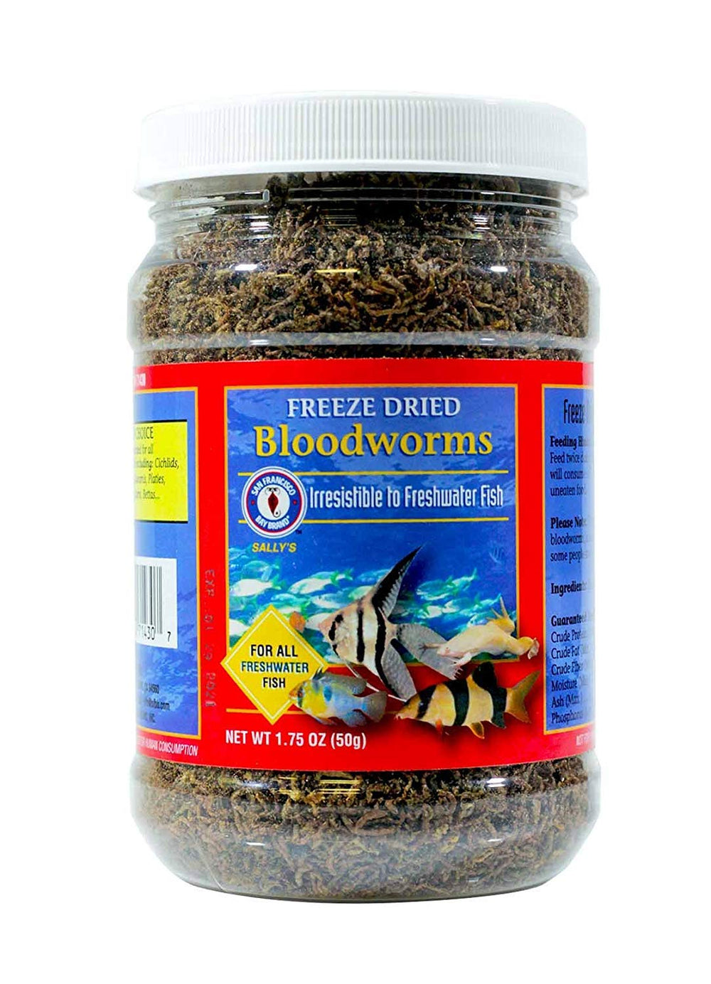 Gusanos de sangre liofilizados de San Francisco Bay Brand para alimentación de peces en acuario.