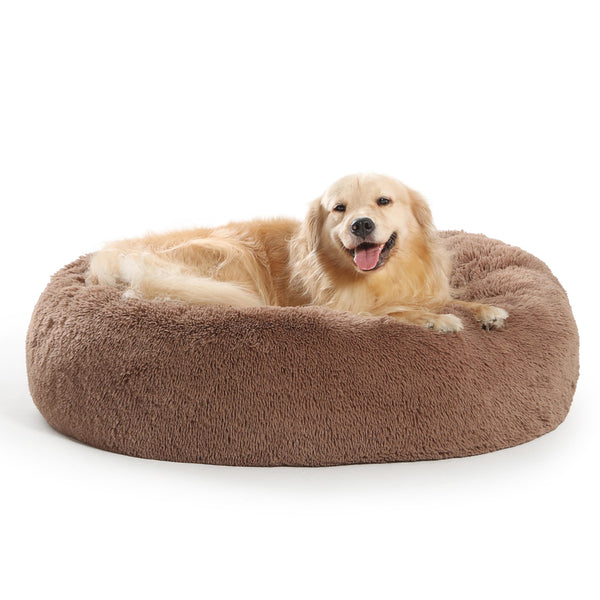 Cama donut de SAVFOX para perro con felpa cálida y soporte para cabeza para descanso relajante.