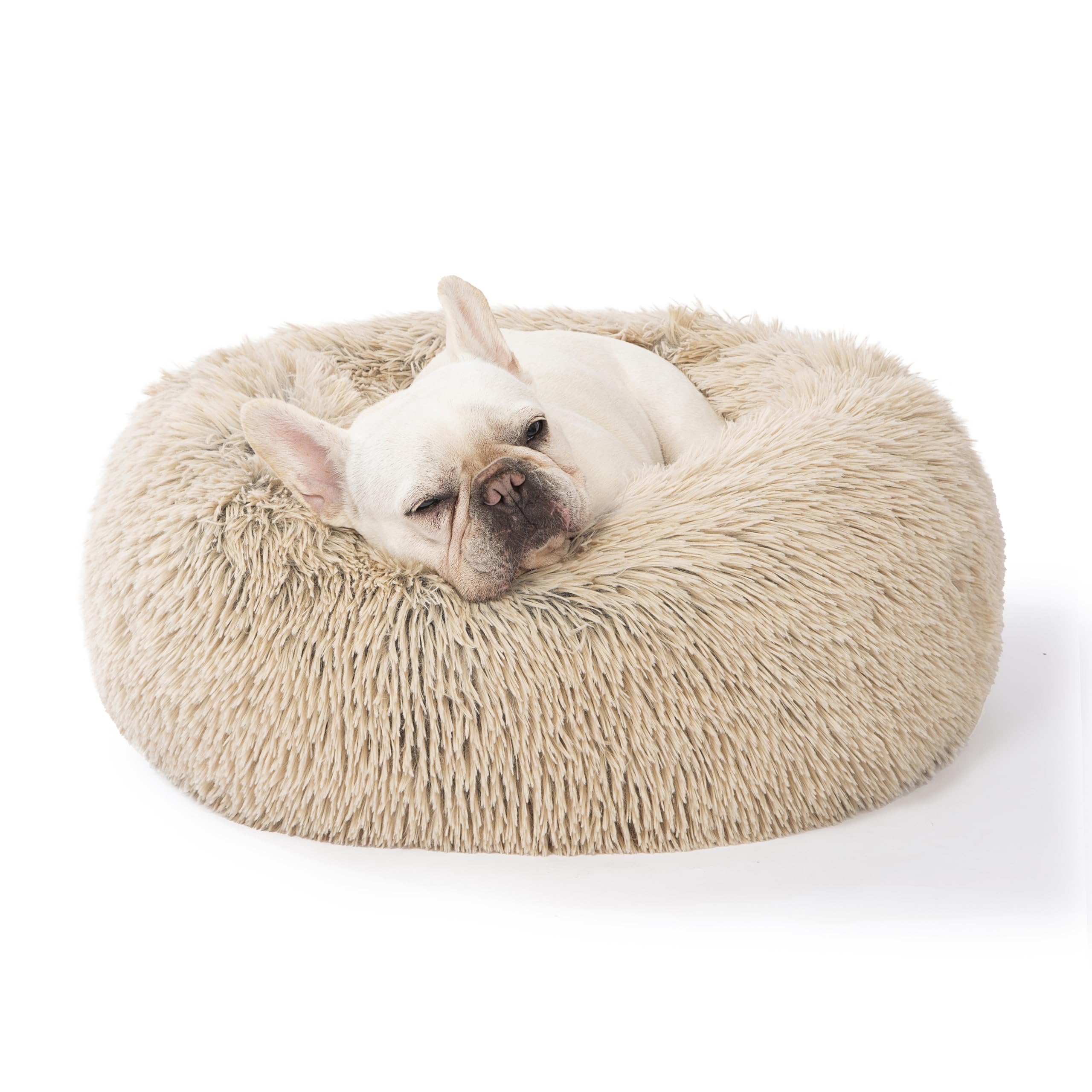 Cama SAVFOX en forma de rosquilla con pelaje sintético suave para descanso cómodo.