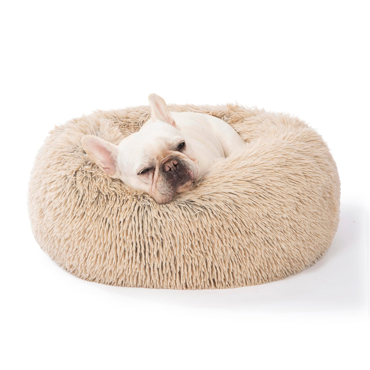 Cama SAVFOX en forma de rosquilla con pelaje sintético suave para descanso cómodo.