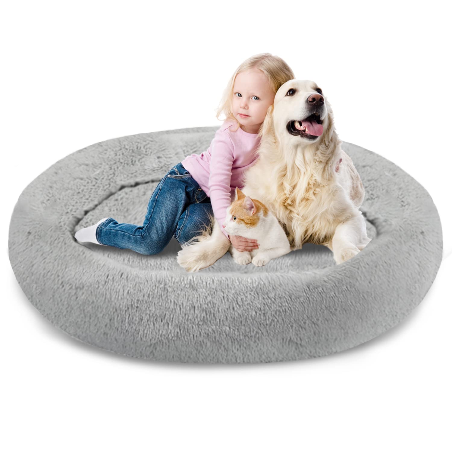 SAVFOX Cama rosquilla para Perros vista frontal, felpa suave para descanso cómodo.