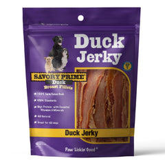 Savory Prime jerky de pato en empaque 8oz, ideal para premiar y entrenar.