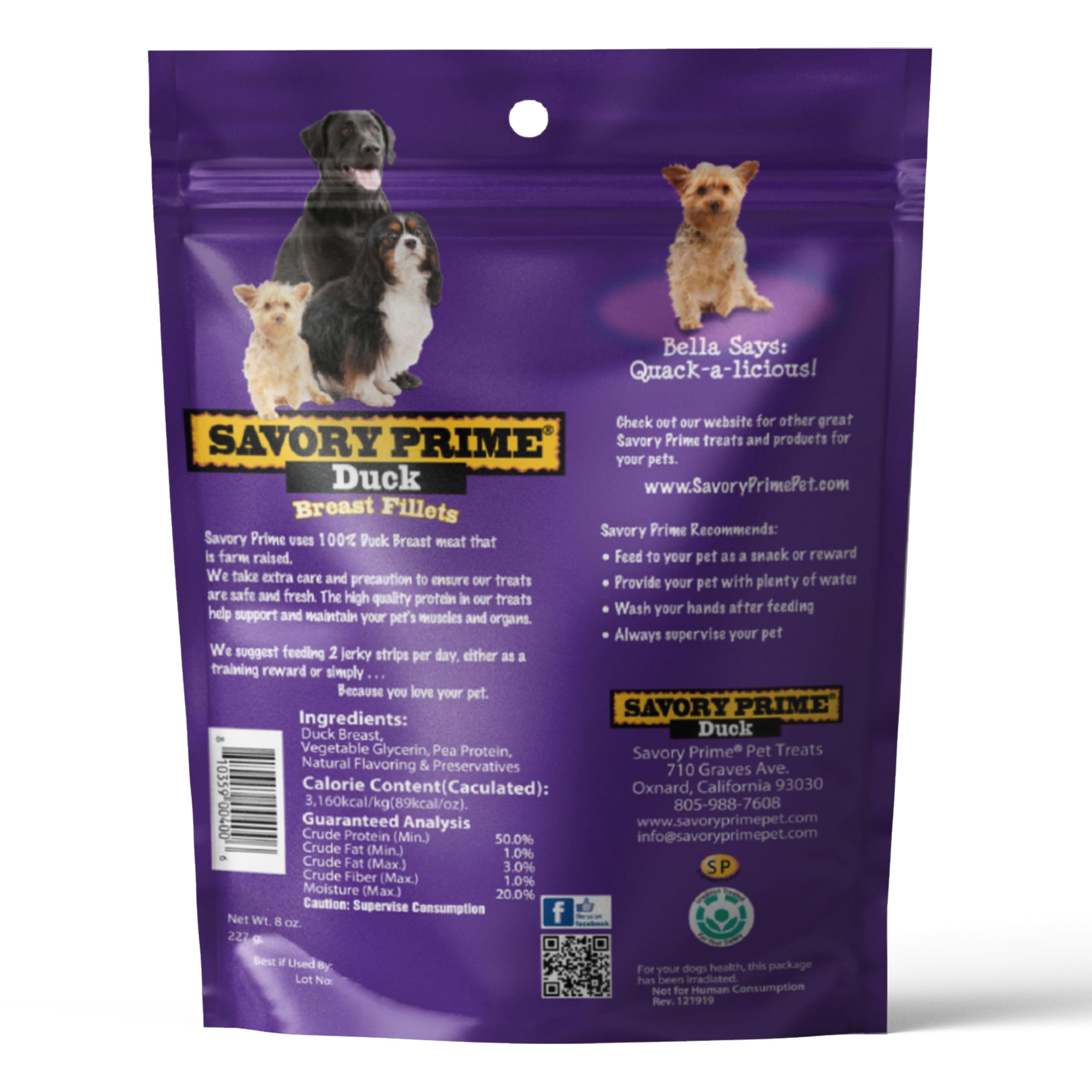 Savory Prime jerky de pato, perfecto para uso diario y entrenamiento.