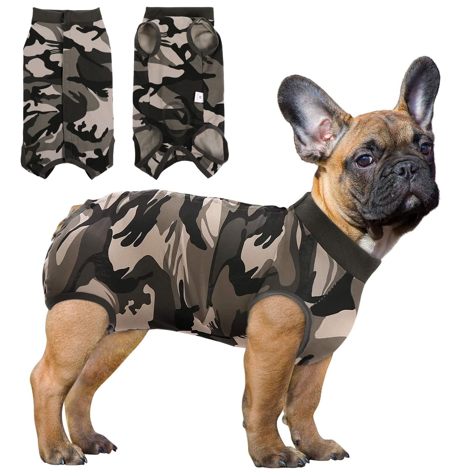 SAWMONG Traje de Recuperación para Perro camuflado, vista frontal protege heridas y ofrece comodidad