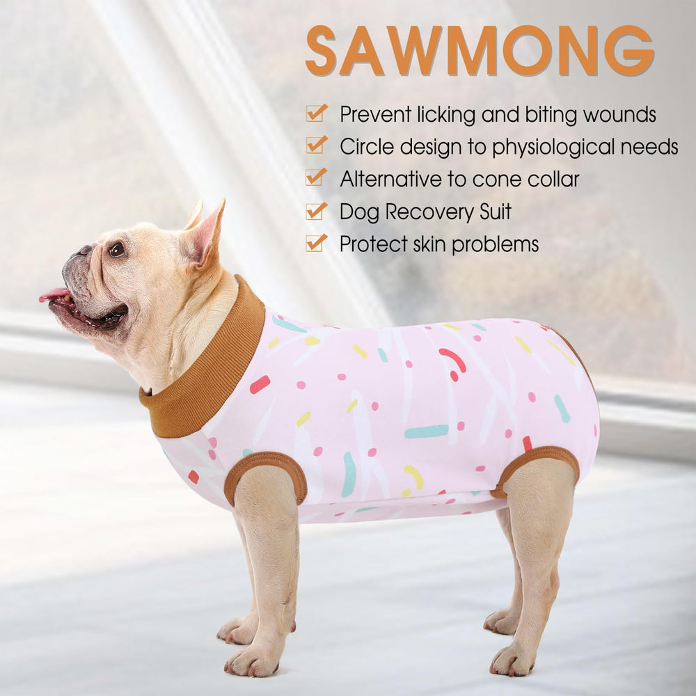 SAWMONG traje recuperación perro, vista frontal del diseño como sustituto del cono.