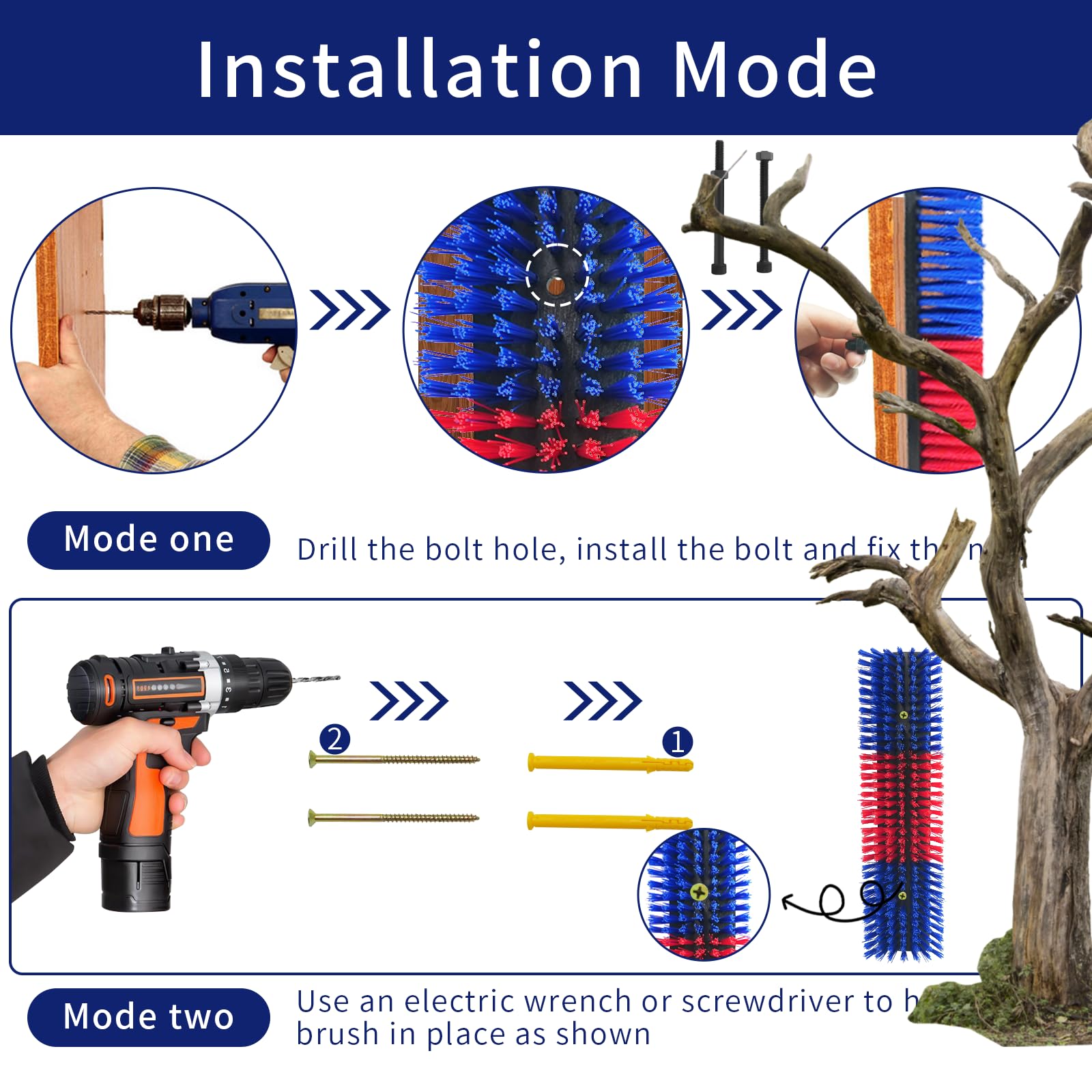 Sayutie cepillo ganadero azul fácil de instalar en postes para evitar rozaduras.