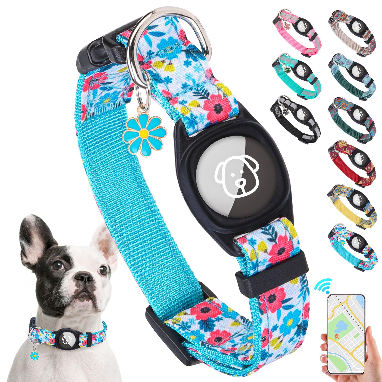 SCENEREAL collar Airtag azul con flor, cómodo para perros pequeños.