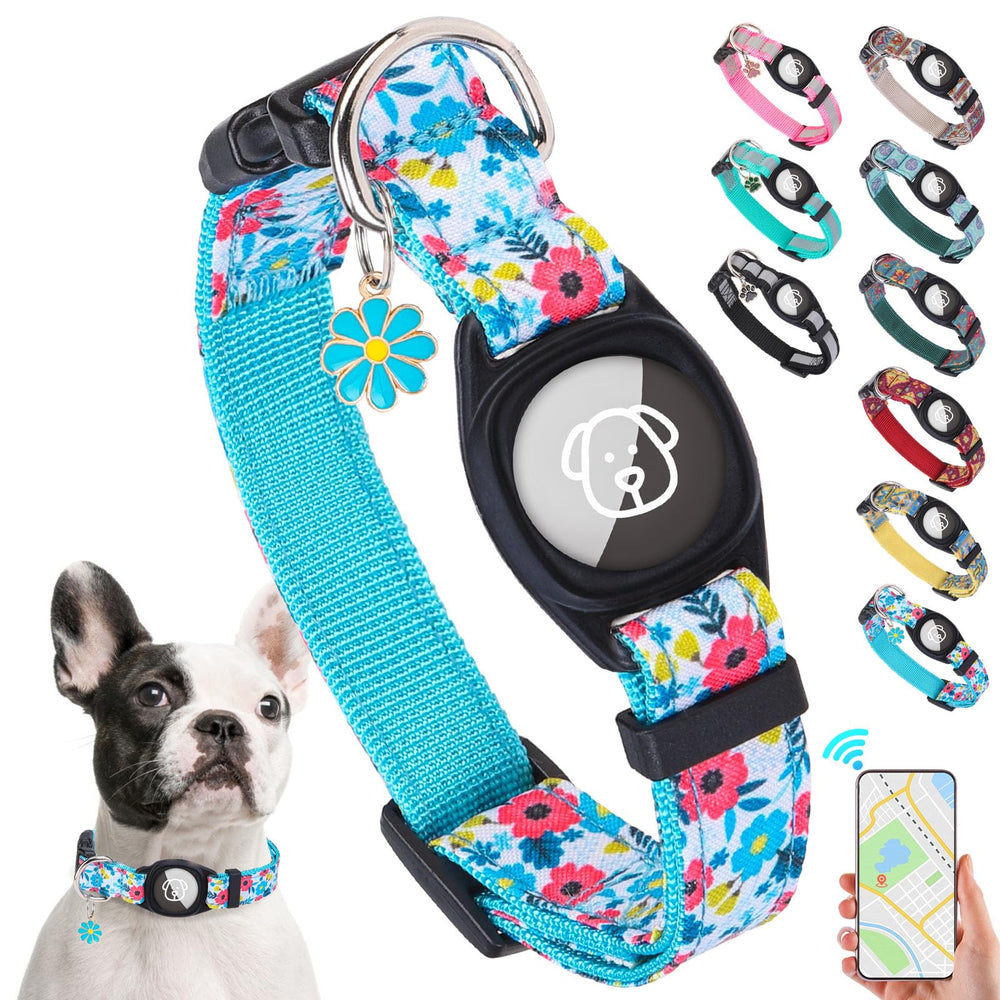 SCENEREAL collar Airtag azul con flor, cómodo para perros pequeños.