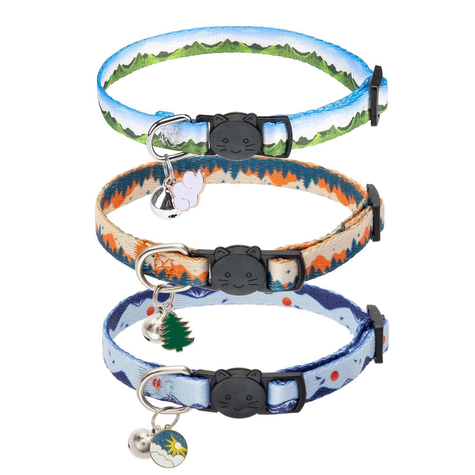SCENEREAL collar de gato con campana en bosque, ideal para paseos diarios.