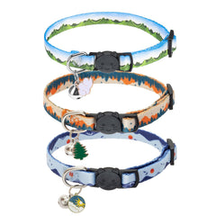 SCENEREAL collar de gato con campana en bosque, ideal para paseos diarios.