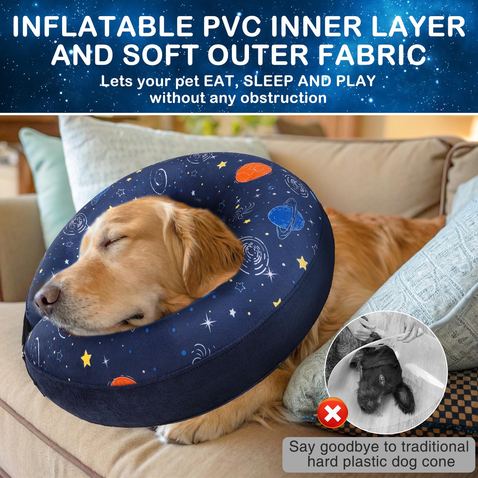 SCENEREAL Donut Collar Inflable, ajuste seguro para perros de tamaños variados.