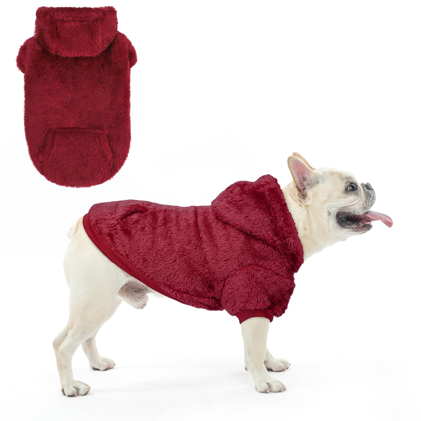 SCENEREAL sudadera para perro capucha burgundy frontal, cálida y suave para paseos fríos