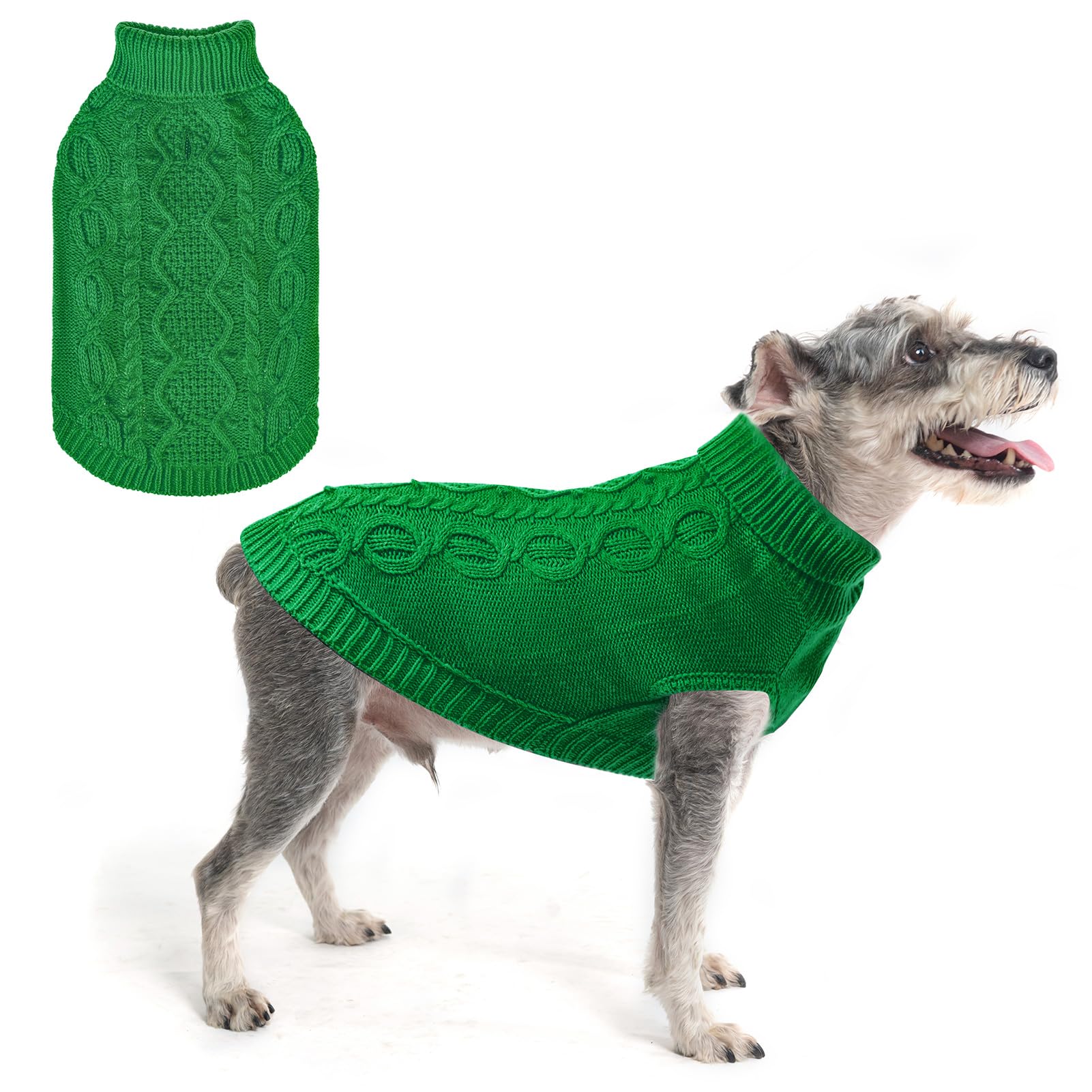 SCENEREAL suéter tejido para perros verde visto de frente, cómodo y cálido para paseos
