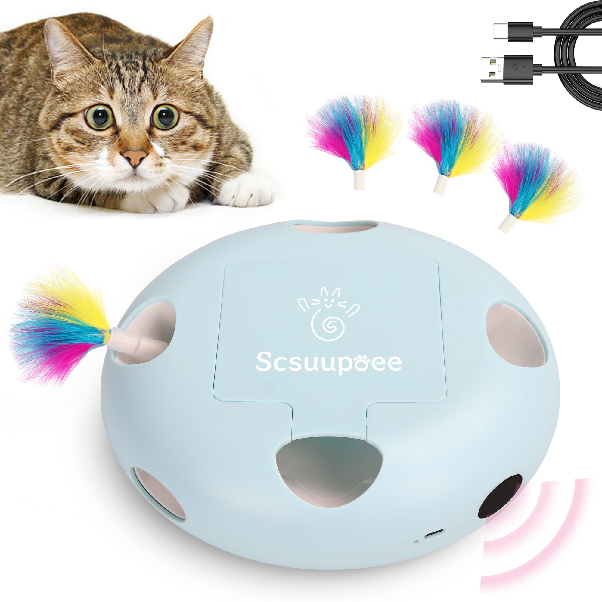Juguete Scsuupoee con plumas ocultas para estimular la caza del gato.